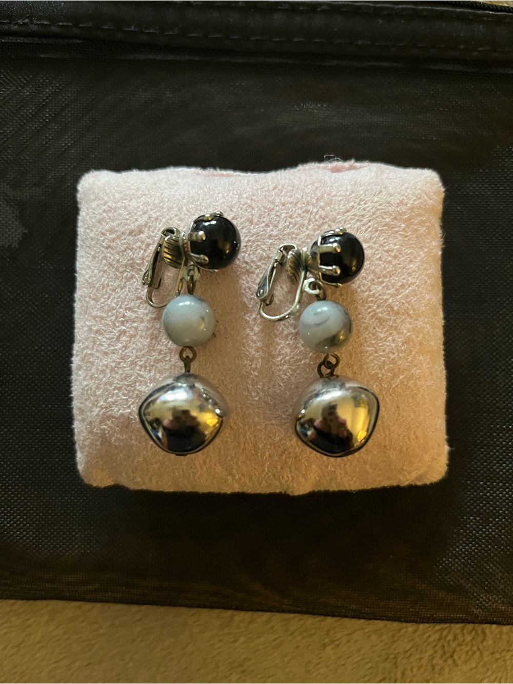 Clip-On Dangle Earrings with Gray Beads and Silver Drops